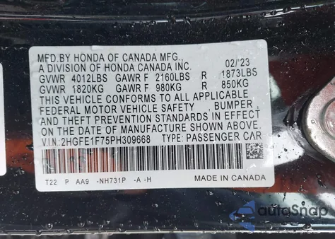 2023 Honda Civic Ex/Ex W/O Bsi z USA, uszkodzony, nr VIN 2HGFE1F75PH309668